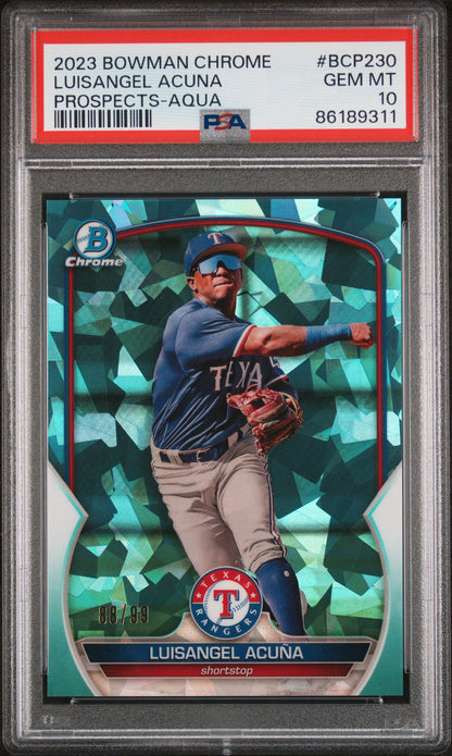 Graded 2023 Topps Bowman Chrome Luisangel Acuna #BCP230 Prospects Aqua #/99 Rookie RC Baseball Card PSA 10 Gem Mint
