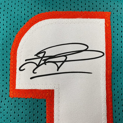 Framed Facsimile Autographed Tua Tagovailoa 35x39 Miami Teal Reprint Laser Auto Football Jersey