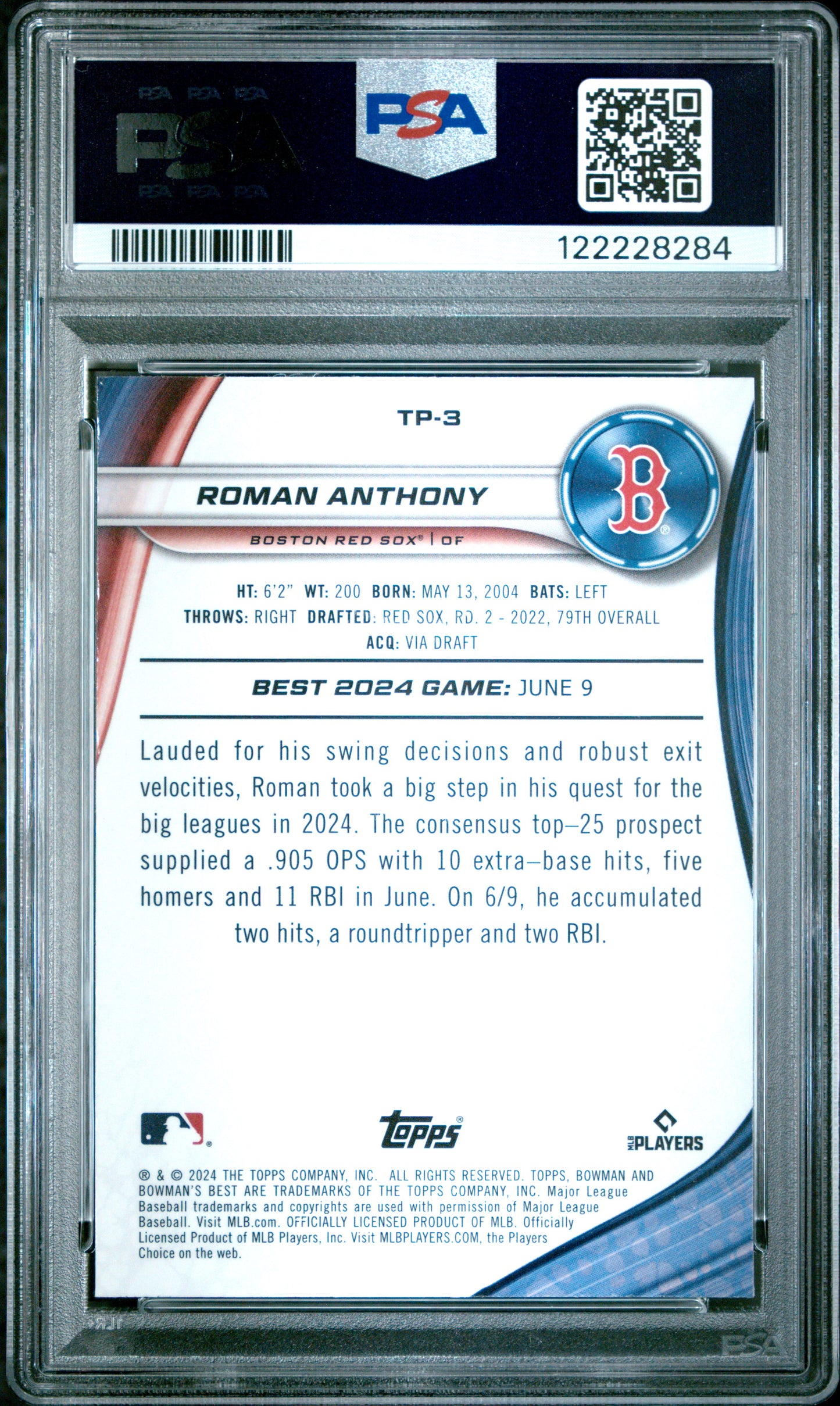 Graded 2024 Topps Bowmans Best Roman Anthony #TP3 Top Prospects Rookie RC Baseball Card PSA 8 Near Mint