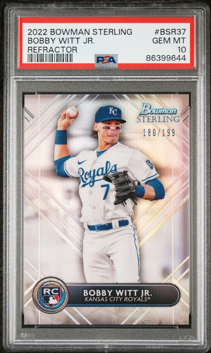 Graded 2022 Topps Bowman Sterling Bobby Witt Jr. #BSR37 Refractor #/199 Rookie RC Baseball Card PSA 10 Gem Mint