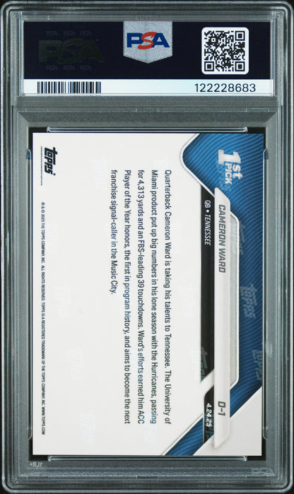 Graded 2025 Topps Now Cam Ward #D1 Orange Foil /25 Rookie RC Football Card PSA 10 Gem Mint