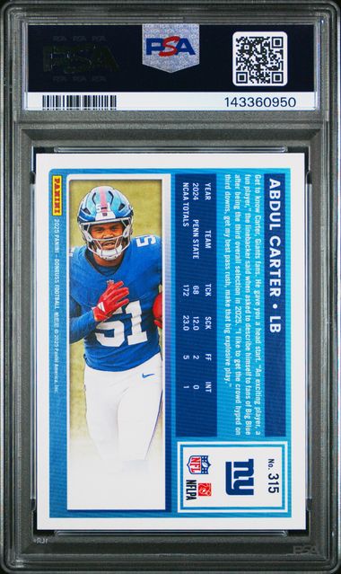 Graded 2025 Panini Donruss Abdul Carter #315 Rookie RC Football Card PSA 10 Gem Mint