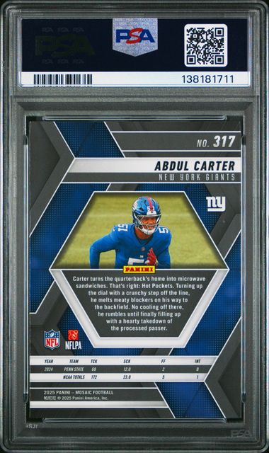 Graded 2025 Panini Mosaic Abdul Carter #317 Rookie RC Football Card PSA 10 Gem Mint
