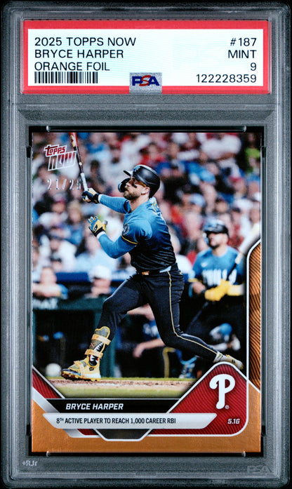 Graded 2025 Topps Now Bryce Harper #187 Orange Foil /25 Baseball Card PSA 9 Mint