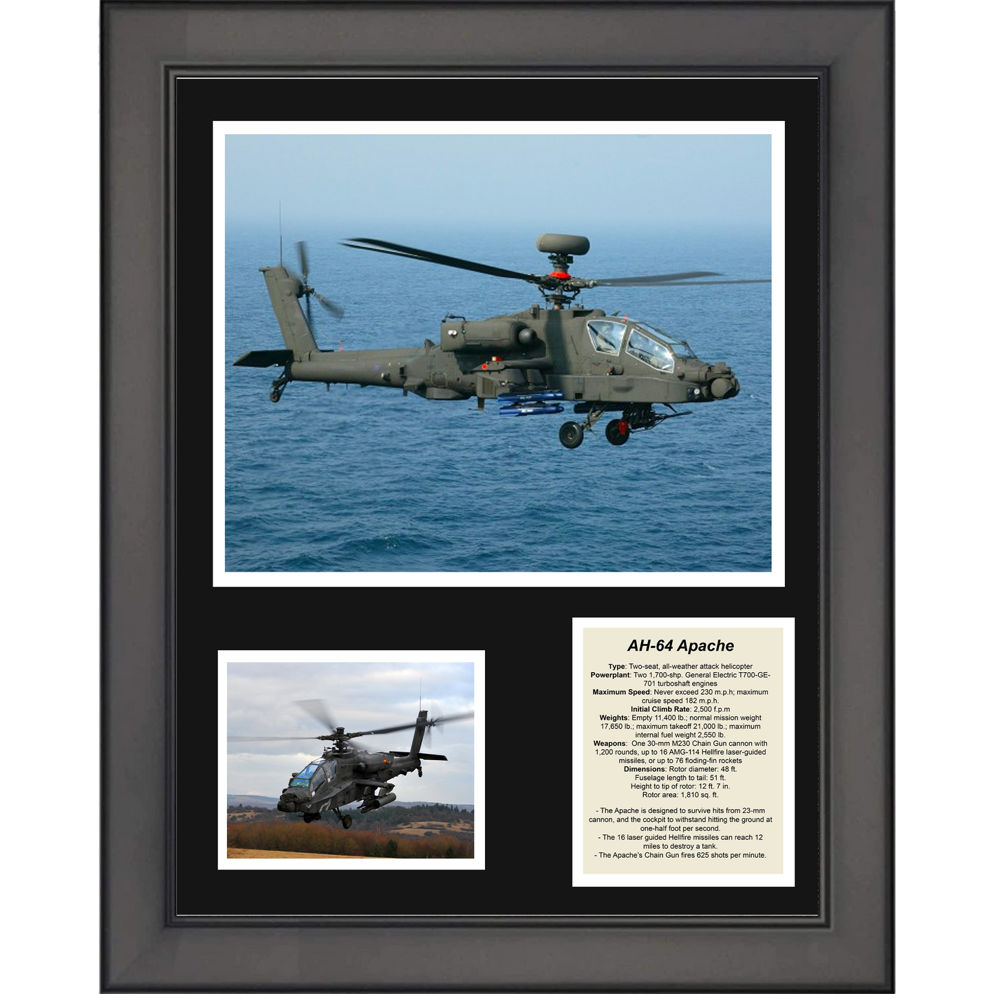 Framed AH-64 Apache Helicopter 11"x14"Military Three Photo Collage