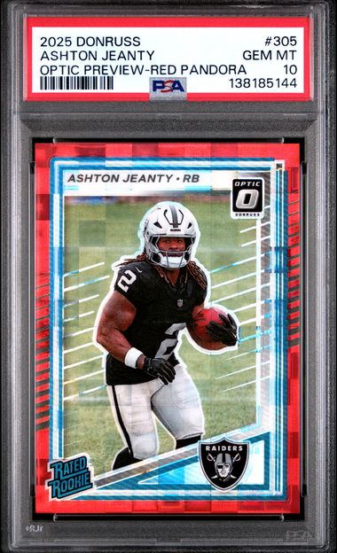 Graded 2025 Panini Donruss Ashton Jeanty #305 Optic Preview Red Pandora Rookie RC Football Card PSA 10 Gem Mint