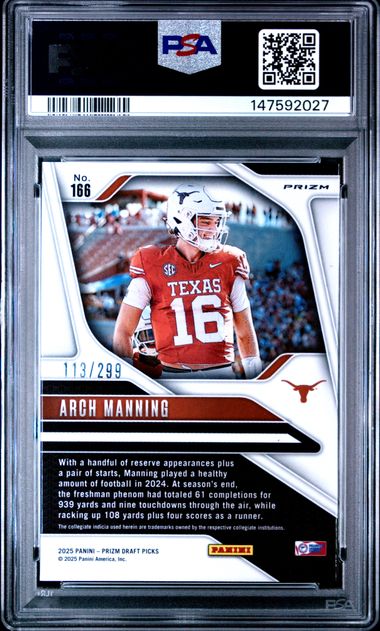 Graded 2025 Panini Prizm Draft Picks Arch Manning #166 /299 Blue Wave Rated Prospect Rookie RC Football Card PSA 9 Mint