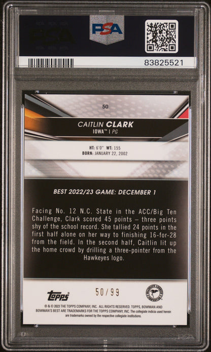 Graded 2022 Topps Bowman University Best Caitlin Clark #50 Green Refractor #/99 Rookie RC Basketball Card PSA 10 Gem Mint