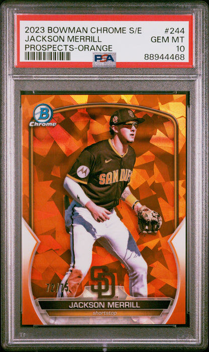 Graded 2023 Topps Bowman Chrome S/E Jackson Merrill #244 Prospects Orange #/75 Rookie RC Baseball Card PSA 10 Gem Mint