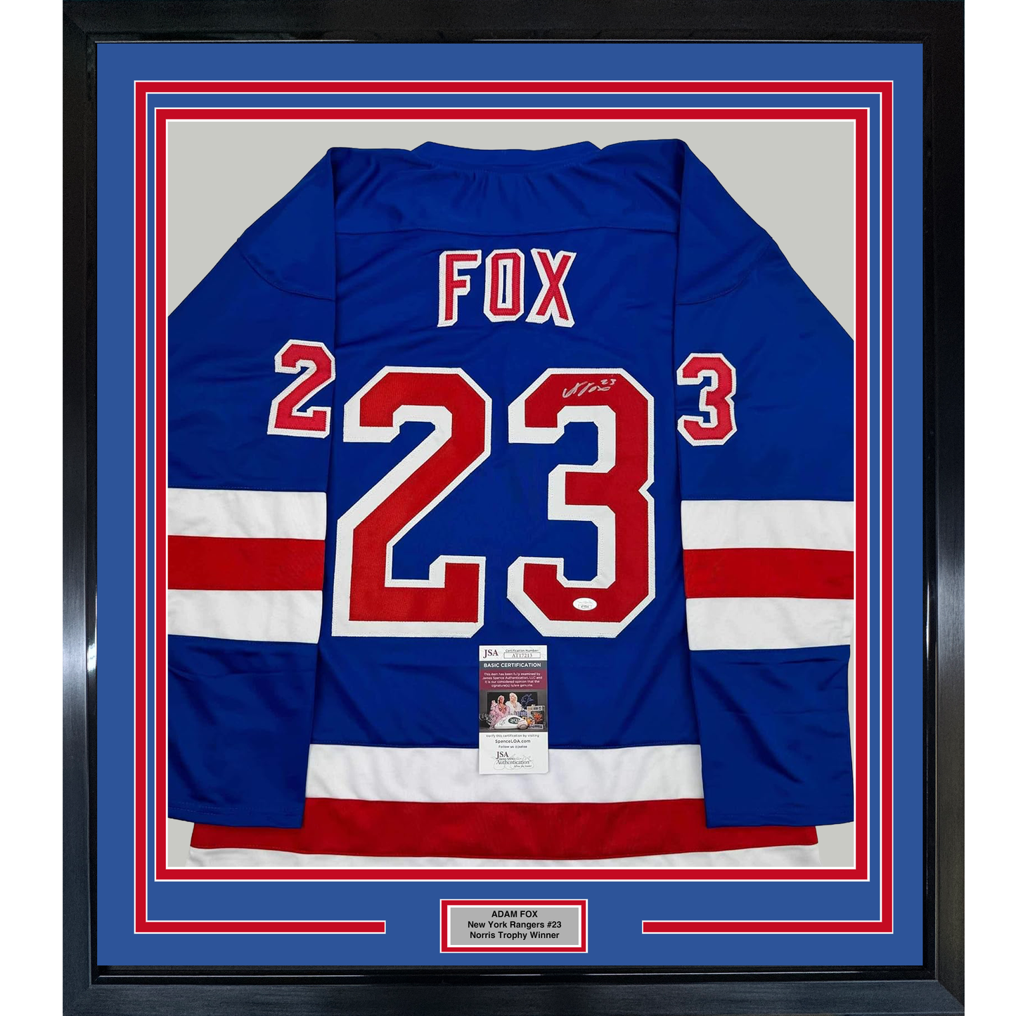 Framed Autographed/Signed Adam Fox 35x39 New York Blue Hockey Jersey JSA COA