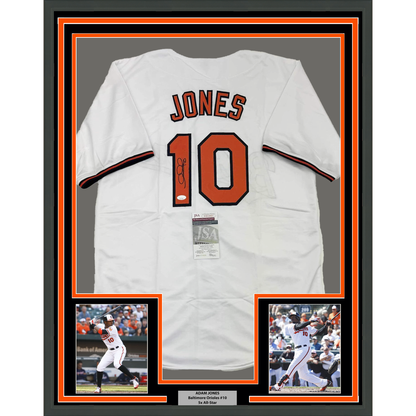 Framed Autographed/Signed Adam Jones 35x39 Baltimore White Baseball Jersey JSA COA