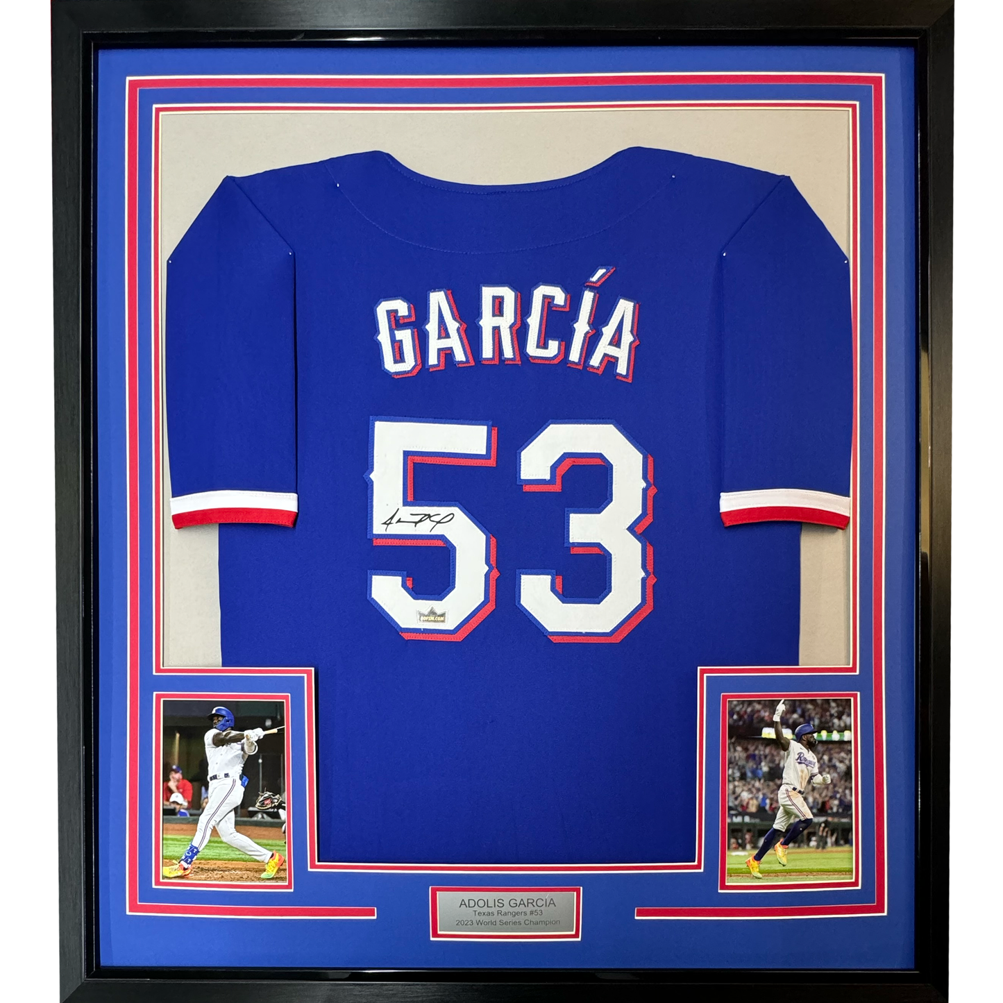 Framed Facsimile Autographed Adolis Garcia 35x39 Texas Blue Reprint Laser Auto Baseball Jersey
