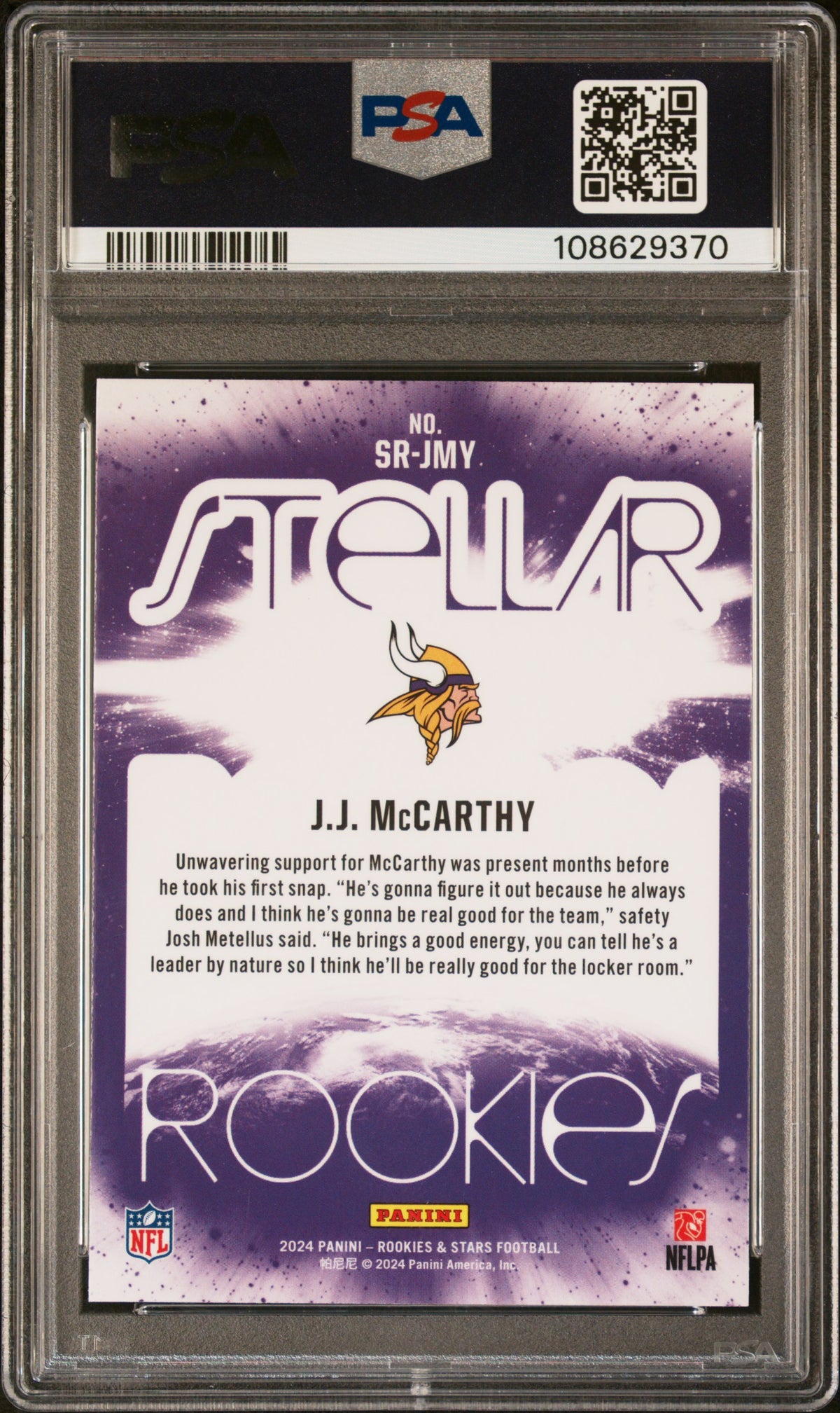 Graded 2024 Panini Rookies & Stars JJ McCarthy #SRJMY Stellar Rookies Rookie RC Football Card PSA 10 Gem Mint