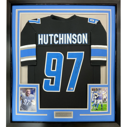 Framed Autographed/Signed Aidan Hutchinson 35x39 Detroit Black Football Jersey Beckett BAS COA