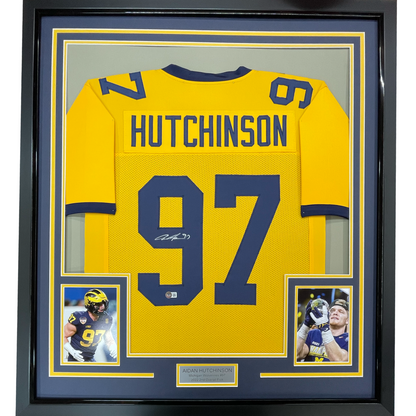 Framed Autographed/Signed Aidan Hutchinson 35x39 Michigan Yellow College Football Jersey Beckett BAS COA