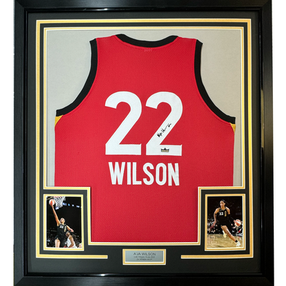 Framed Facsimile Autographed A'ja Wilson 35x39 Las Vegas Red Reprint Laser Auto Basketball Jersey