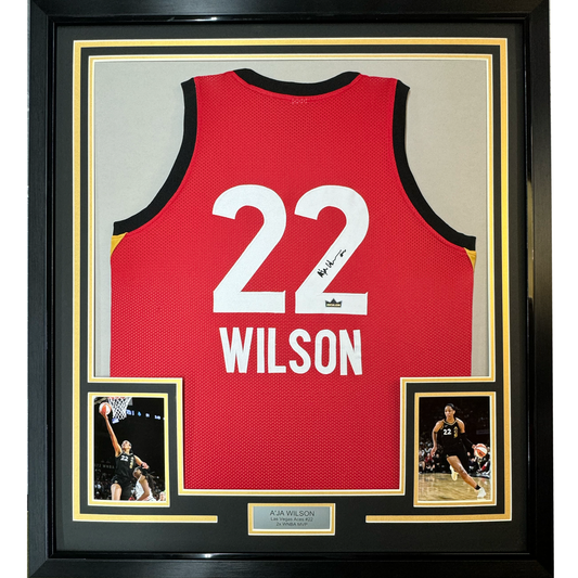 Framed Facsimile Autographed A'ja Wilson 35x39 Las Vegas Red Reprint Laser Auto Basketball Jersey
