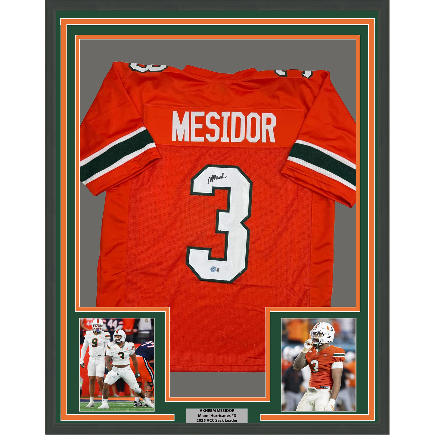 Framed Autographed/Signed Akheem Mesidor 35x39 Miami Orange College Football Jersey Beckett BAS COA