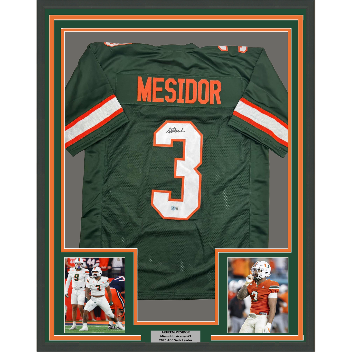 Framed Autographed/Signed Akheem Mesidor 35x39 Miami Green College Football Jersey Beckett BAS COA