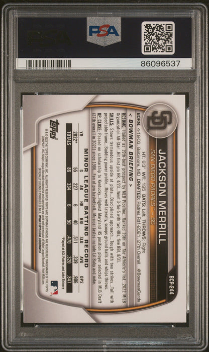 Graded 2023 Topps Bowman Chrome S/E Jackson Merrill #244 Prospects Rookie RC Baseball Card PSA 10 Gem Mint
