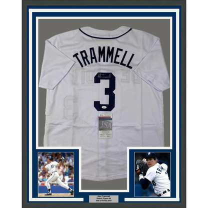 Framed Autographed/Signed Alan Trammell 35x39 Detroit White Baseball Jersey JSA COA