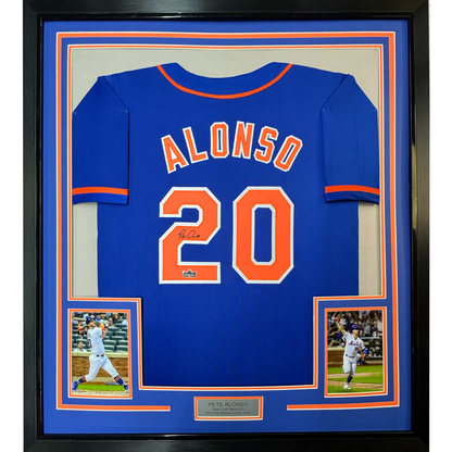Framed Facsimile Autographed Pete Alonso 35x39 New York Blue Reprint Laser Auto Baseball Jersey