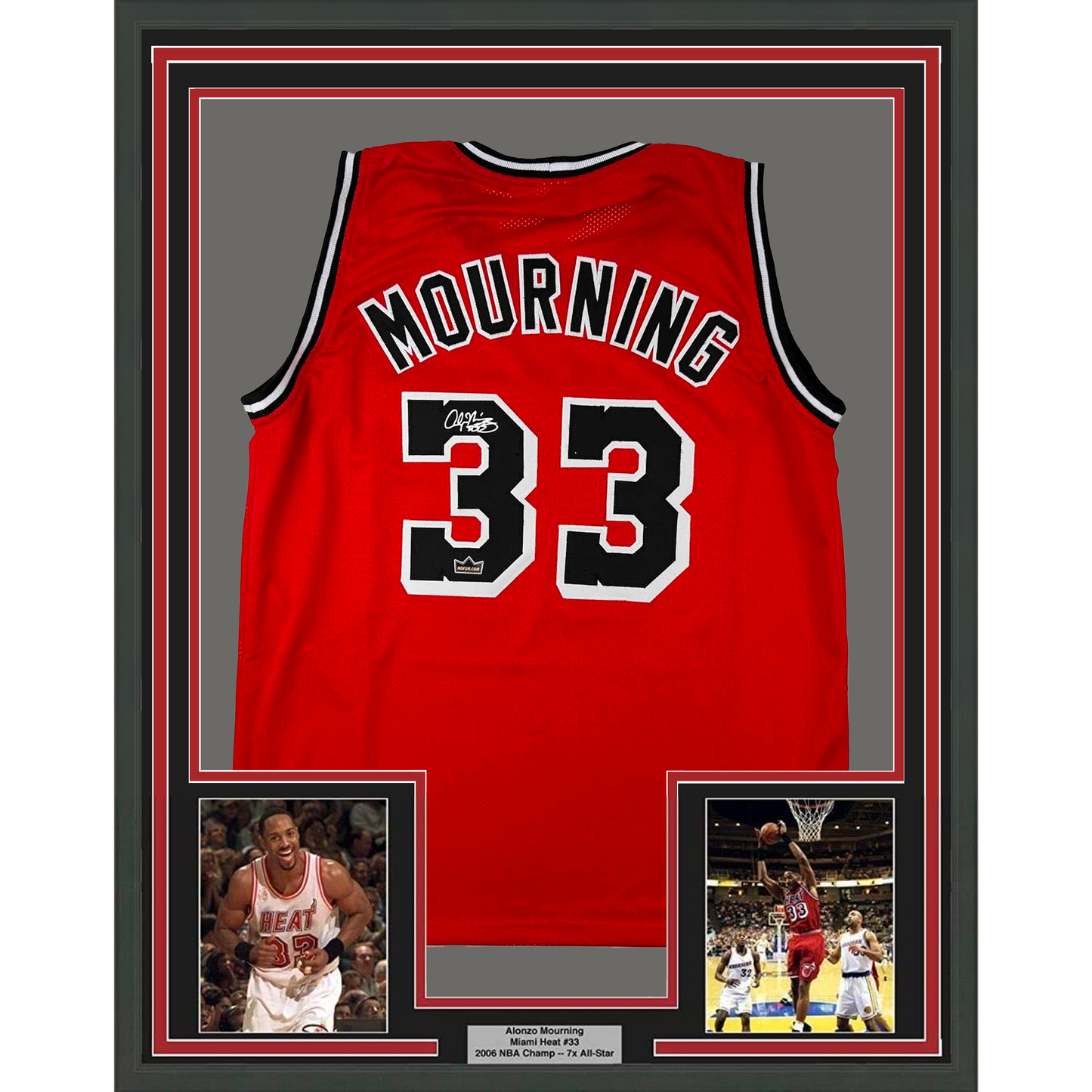 Framed Facsimile Autographed Alonzo Mourning 35x39 Miami Red Reprint Laser Auto Basketball Jersey