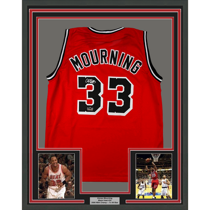 Framed Facsimile Autographed Alonzo Mourning 35x39 Miami Red Reprint Laser Auto Basketball Jersey