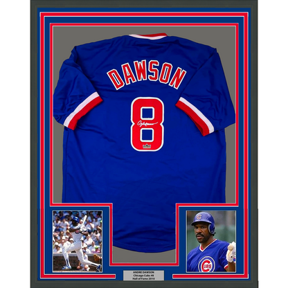 Framed Facsimile Autographed Andre Dawson 35x39 Chicago Blue Reprint Laser Auto Baseball Jersey