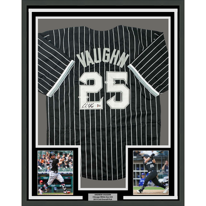 Framed Autographed/Signed Andrew Vaughn 35x39 Chicago Black Pinstripe City Edition Baseball Jersey Beckett BAS COA