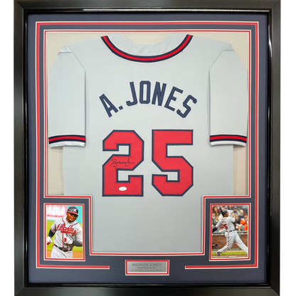 Framed Autographed/Signed Andruw Jones 35x39 Atlanta Grey Baseball Jersey PSA/DNA COA