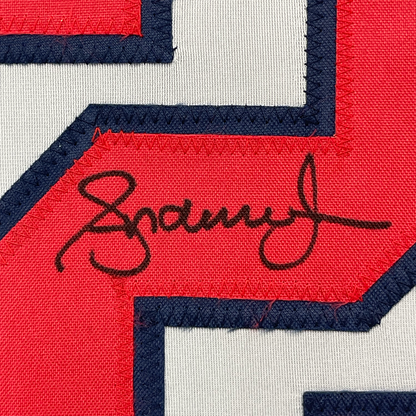 Framed Autographed/Signed Andruw Jones 35x39 Atlanta Grey Baseball Jersey PSA/DNA COA
