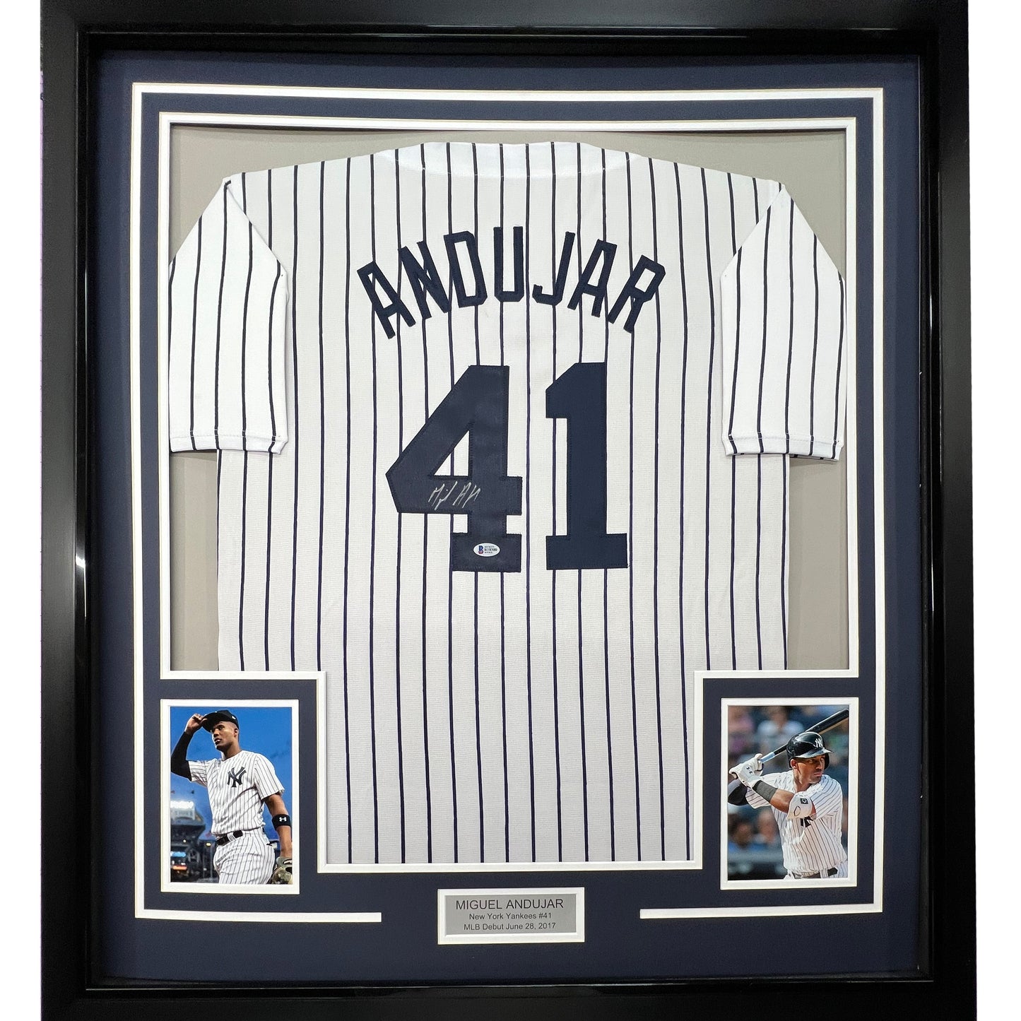 Framed Autographed/Signed Miguel Andujar 35x39 New York Pinstripe Baseball Jersey Beckett BAS COA