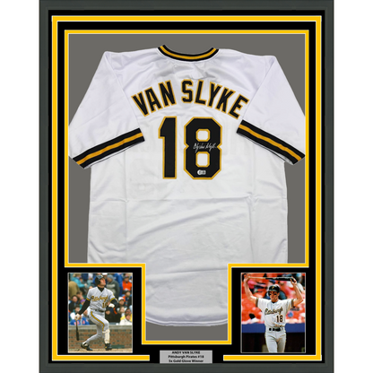 Framed Autographed/Signed Andy Van Slyke 35x39 Pittsburgh White Baseball Jersey Beckett BAS COA