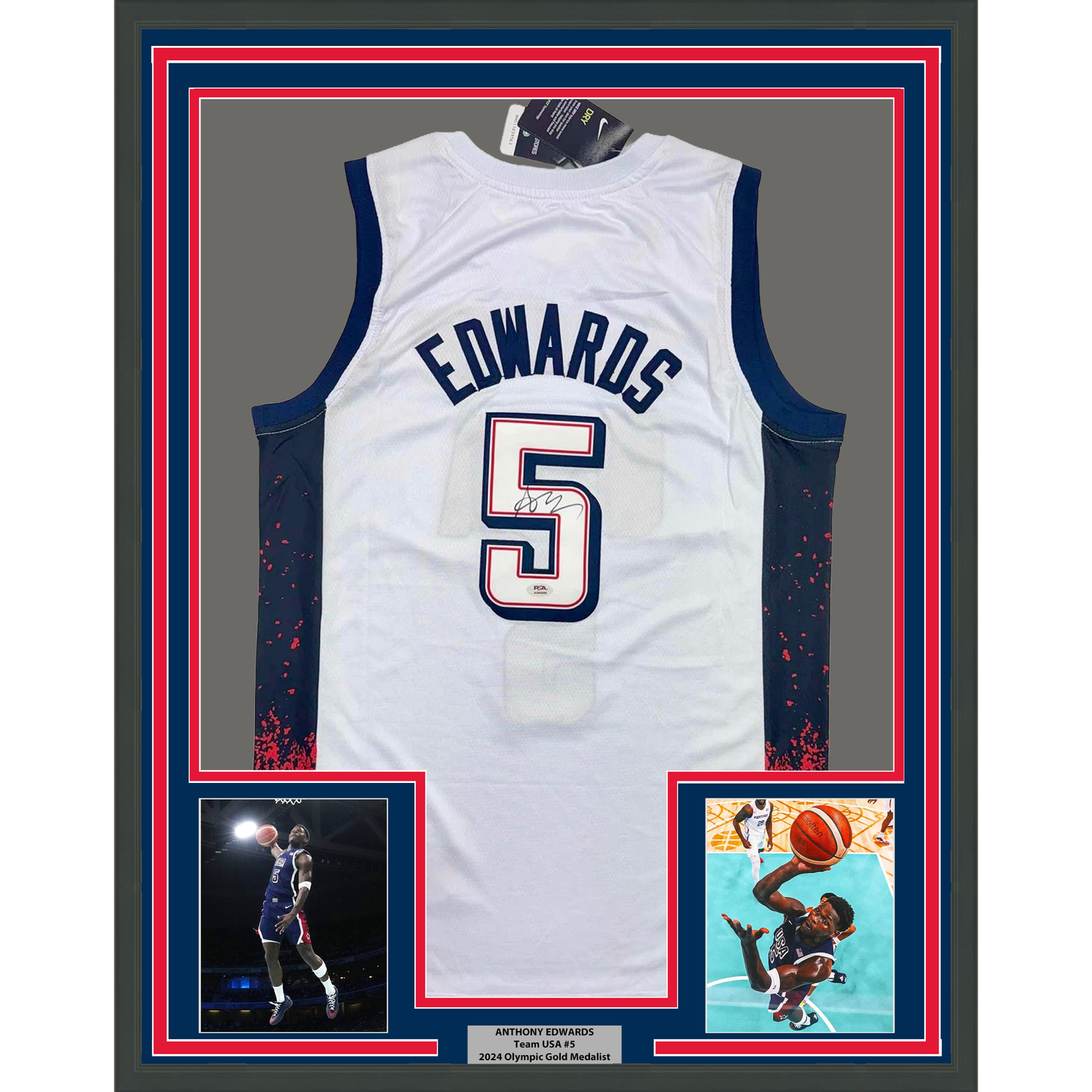 Framed Autographed/Signed Anthony Edwards 35x39 United States USA White Basketball Jersey PSA COA