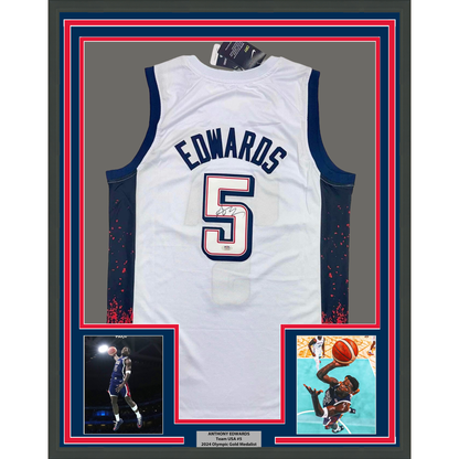 Framed Autographed/Signed Anthony Edwards 35x39 United States USA White Basketball Jersey PSA COA