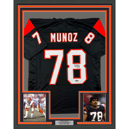 Framed Facsimile Autographed Anthony Munoz 35x39 Cincinnati Black Reprint Laser Auto Football Jersey