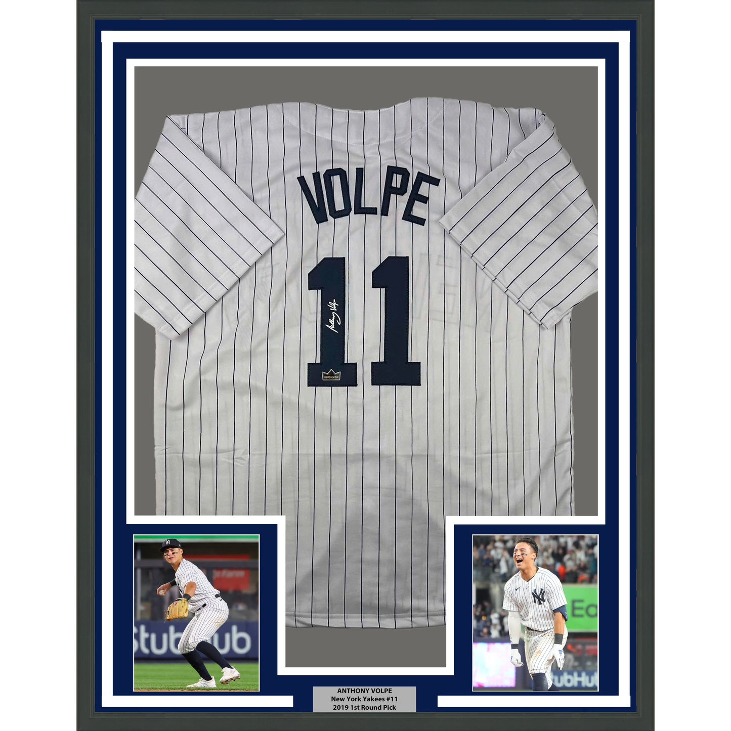 Framed Facsimile Autographed Anthony Volpe 35x39 New York Pinstripe Reprint Laser Auto Baseball Jersey