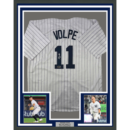 Framed Facsimile Autographed Anthony Volpe 35x39 New York Pinstripe Reprint Laser Auto Baseball Jersey