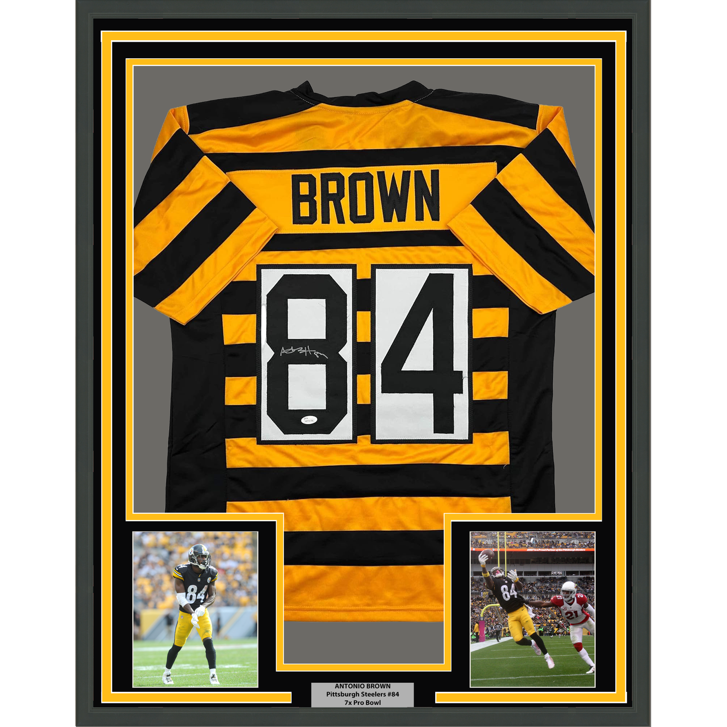 Framed Autographed/Signed Antonio Brown 35x39 Pittsburgh Bumble Bee Football Jersey JSA COA