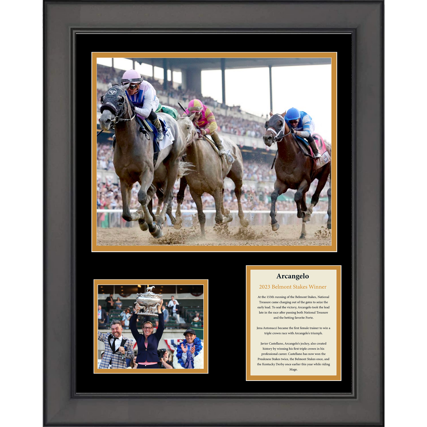 Framed Arcangelo and Javier Castellano 2023 Belmont Stakes Winner 11"x14" Horse Racing Three Photo Collage