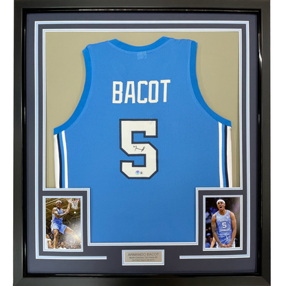 Framed Autographed/Signed Armando Bacot 35x39 UNC North Carolina Blue College Basketball Jersey Beckett BAS COA
