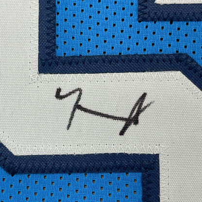 Framed Autographed/Signed Armando Bacot 35x39 UNC North Carolina Blue College Basketball Jersey Beckett BAS COA