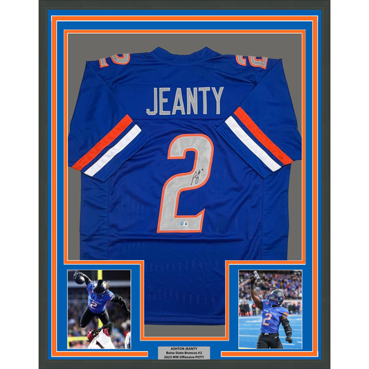 Framed Autographed/Signed Ashton Jeanty 35x39 Boise State Blue College Football Jersey Beckett BAS COA