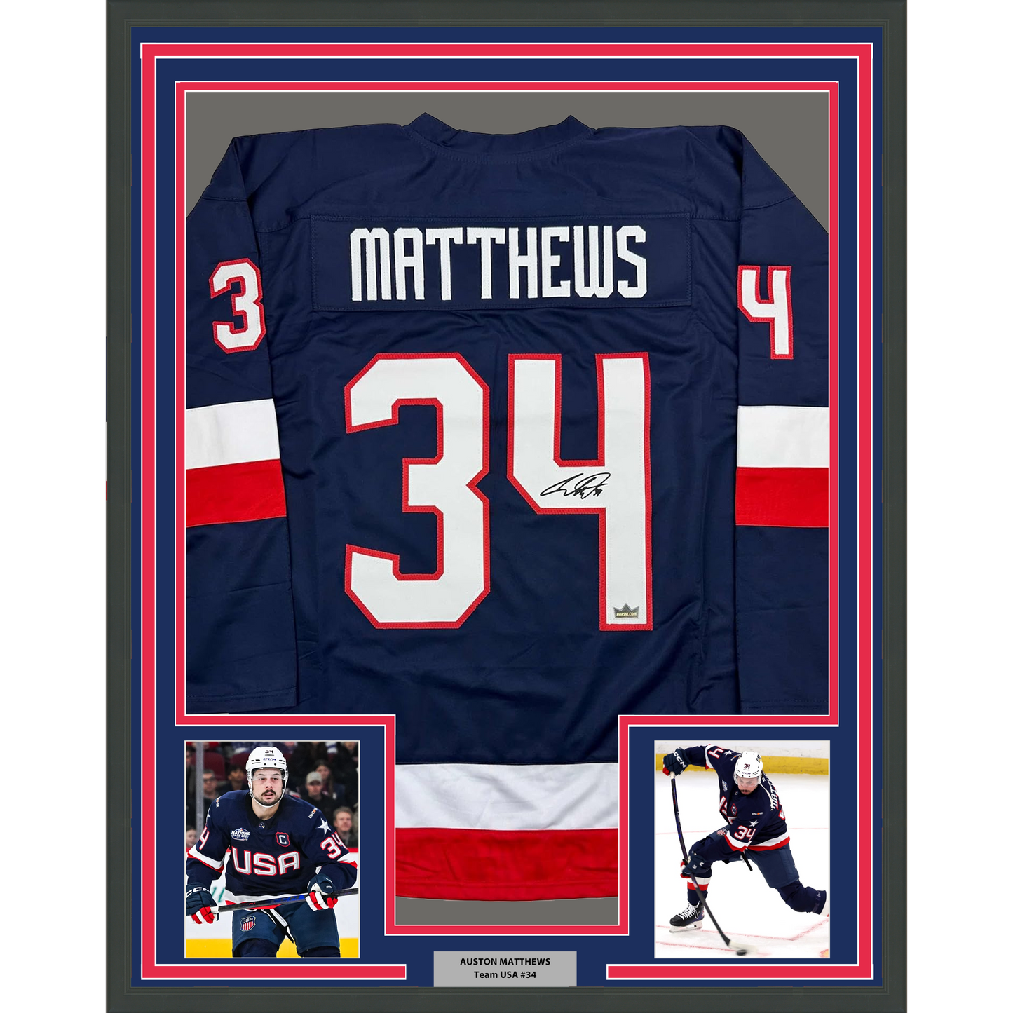Framed Facsimile Autographed Auston Matthews 35x39 United States USA Blue 2025 4 Nations Face-Off Reprint Laser Auto Hockey Jersey