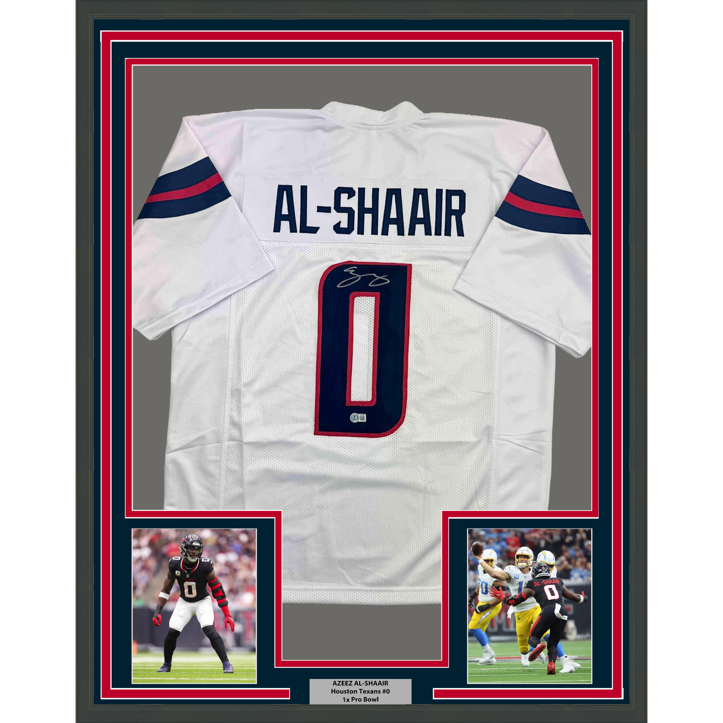 Framed Autographed/Signed Azeez Al Shaair 35x39 Houston White Football Jersey Beckett BAS COA