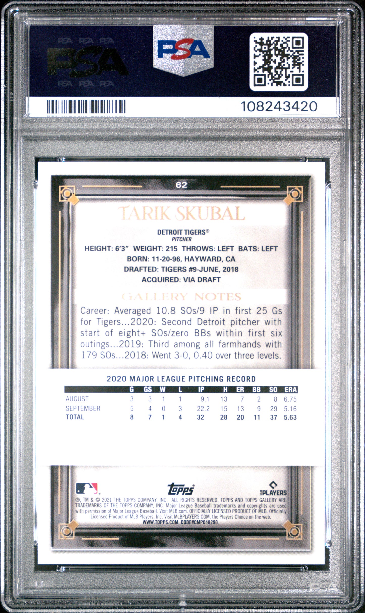 Graded 2021 Topps Gallery Tarik Skubal #62 Rookie RC Baseball Card PSA 10 Gem Mint