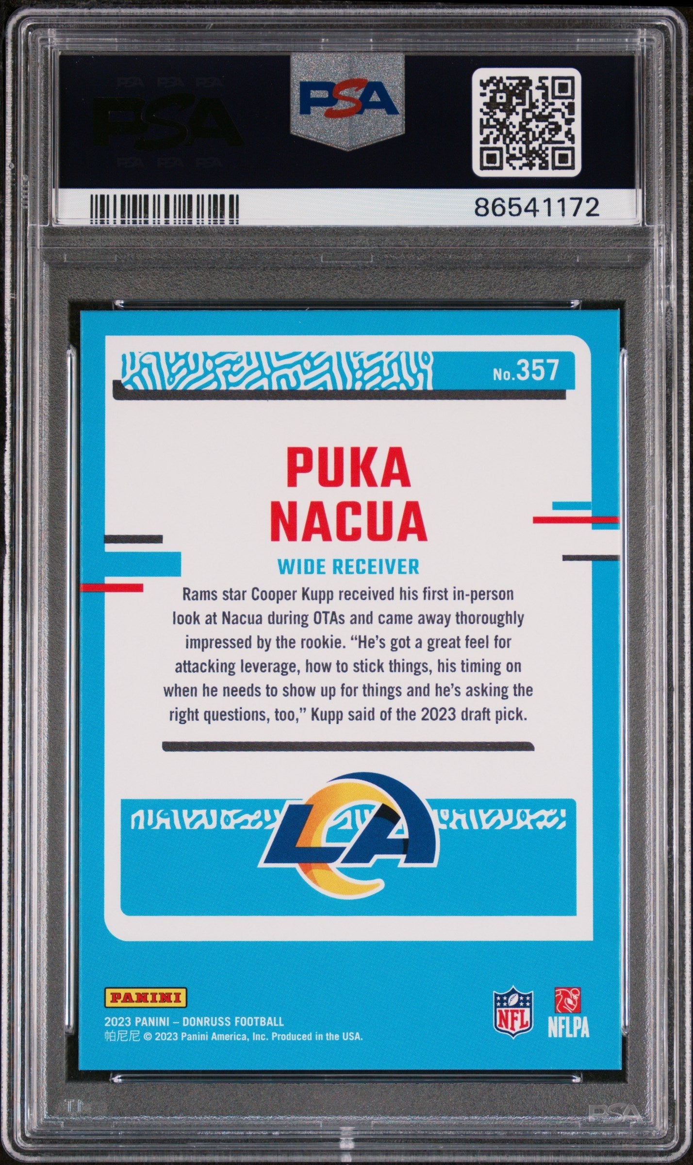 Graded 2023 Panini Donruss Rated Rookie Puka Nacua #357 Rookie RC Football Card PSA 7 NM