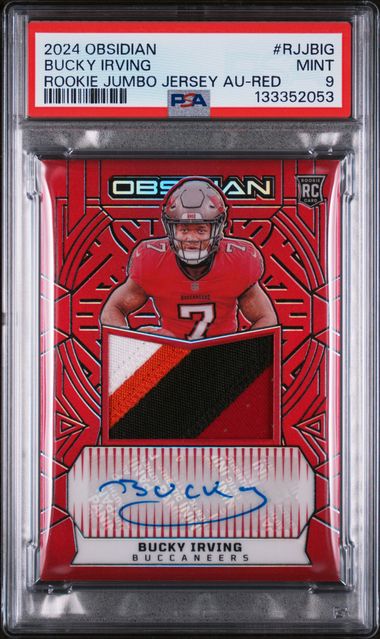 Graded 2024 Obsidian Bucky Irving #RJJBIG /75 Rookie Jumbo Jersey Red Auto Rookie RC Football Card PSA 9 Mint