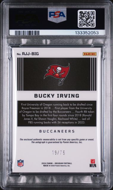 Graded 2024 Obsidian Bucky Irving #RJJBIG /75 Rookie Jumbo Jersey Red Auto Rookie RC Football Card PSA 9 Mint
